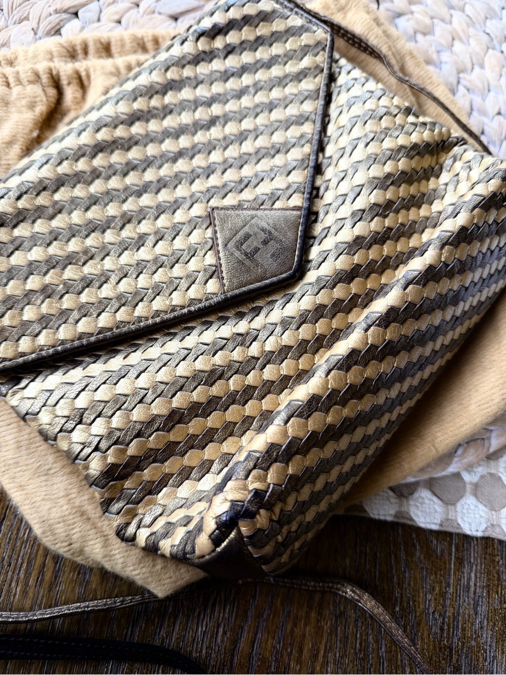 Fendi Metallic Gold & Brown Woven Envelope Leather Crossbody